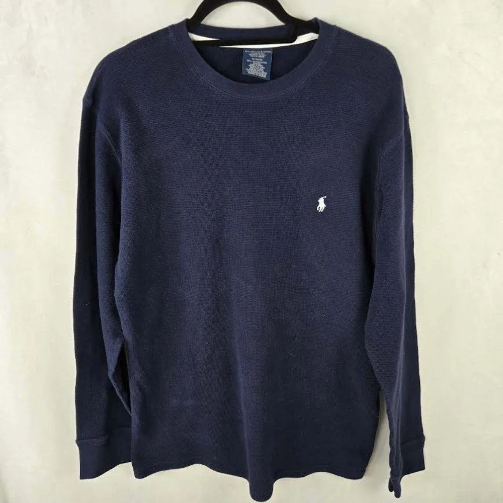 Polo Ralph Lauren Mens XL Navy Blue Waffle Knit Sleepwear Long Sleeve Shirt Logo